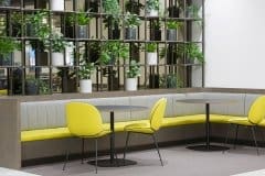living wall of plants on shelves behind cushioned seating