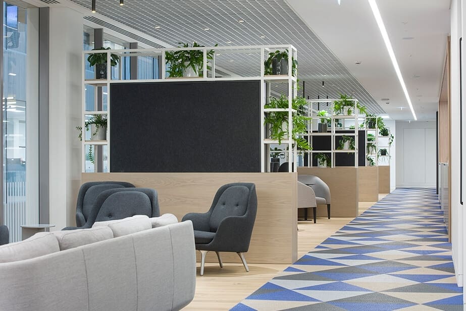 Long open study space with plant wall dividers