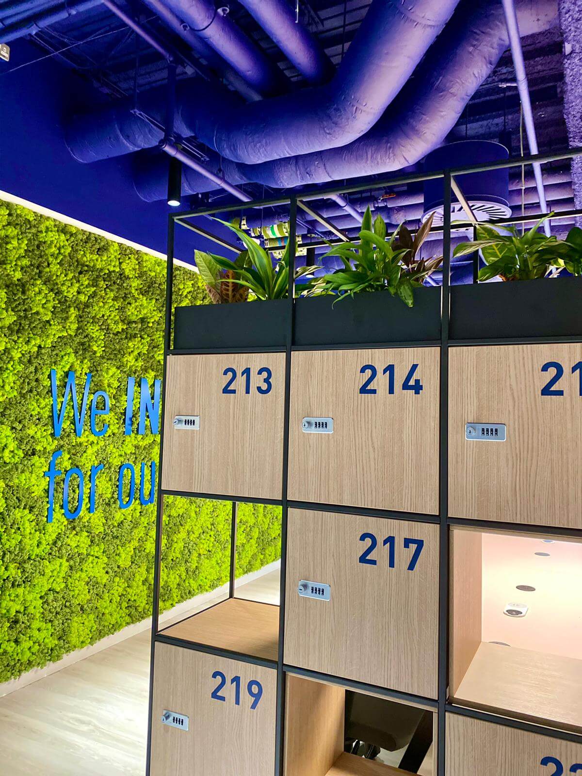 storage lockers next to green wall