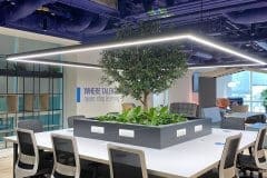 indoor square tables surrounding plant display and tree