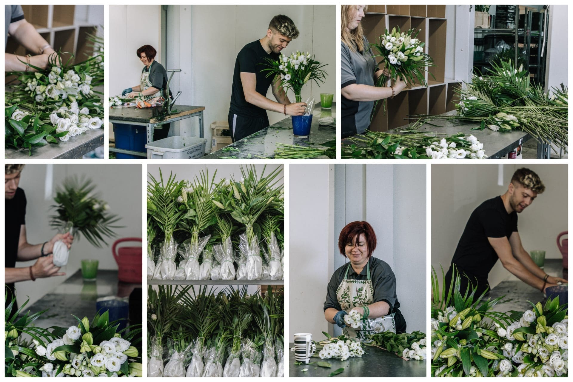 Collage showing the Verdantia floristry team preparing loose bouquets of flowers to send to a nationwide pub chain